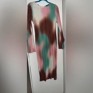 Boohoo Long Sleeve Abstract Midi Dress in Pink, Teal & Brown